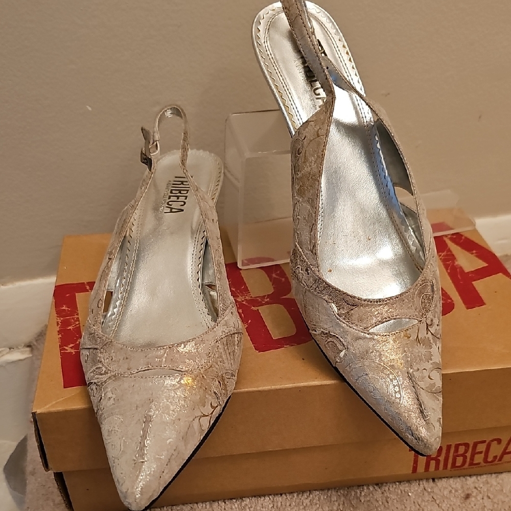 Metallic Lace Slingback Pointed-Toe Heels in Champagne